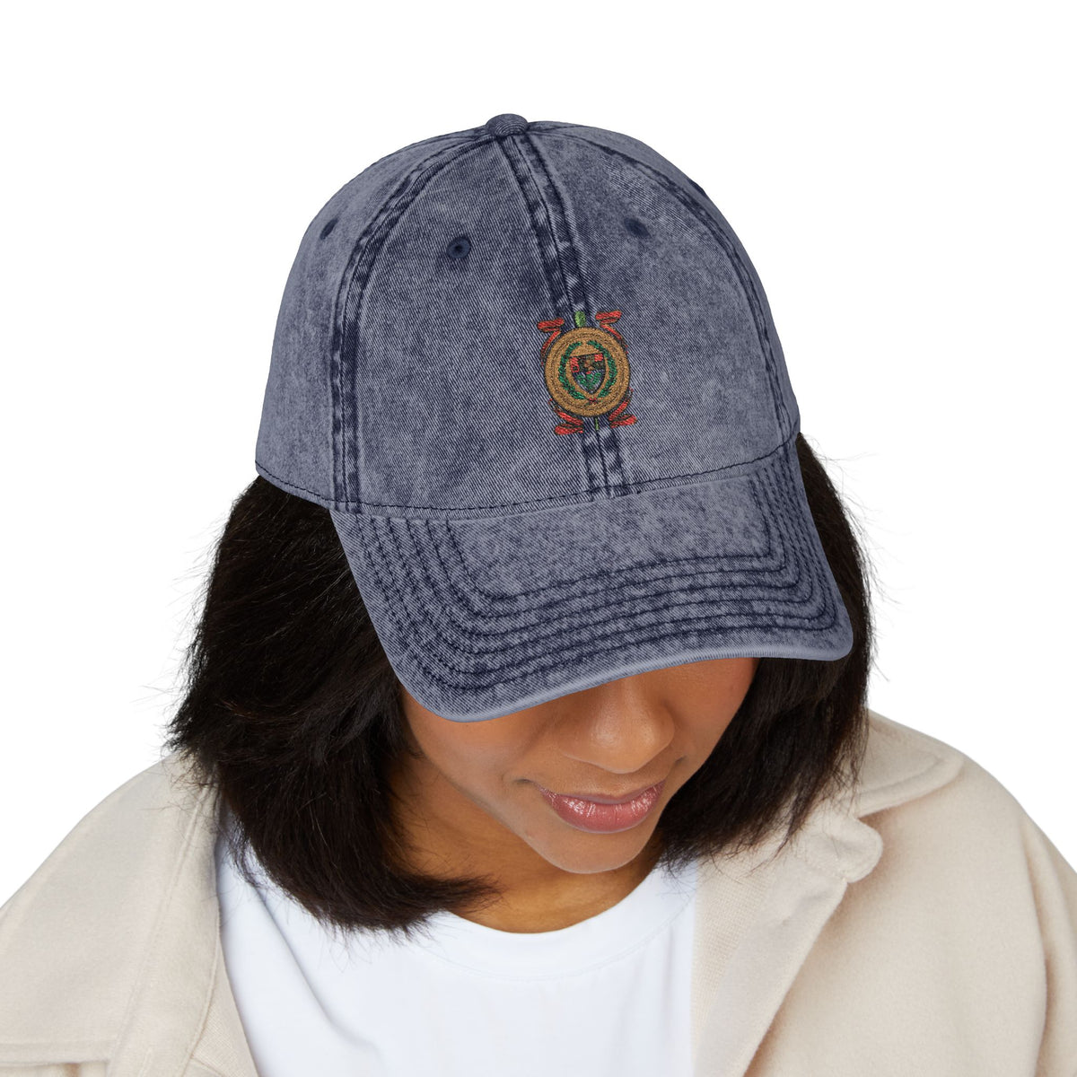 Embroidered Vintage Crest Baseball Cap — Washed Red Retro Hat