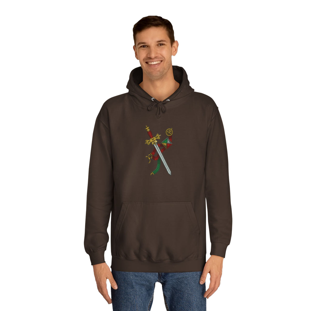 College Crest Sword Hoodie — Vintage Floral Academic Emblem
