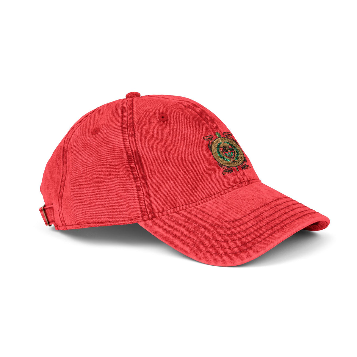 Embroidered Vintage Crest Baseball Cap — Washed Red Retro Hat