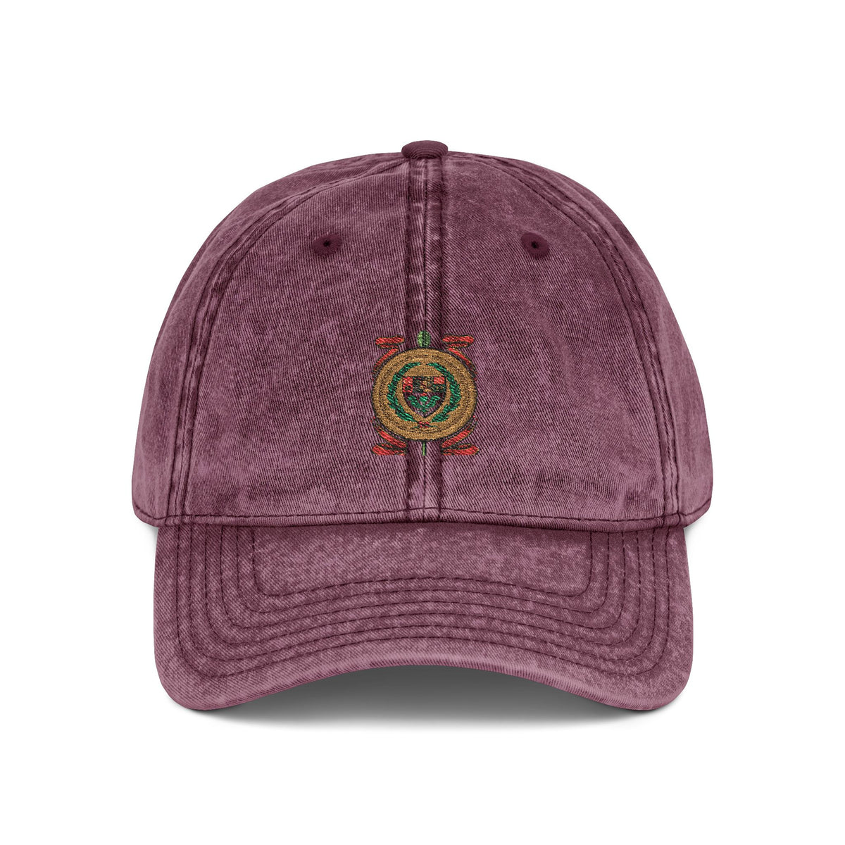 Embroidered Vintage Crest Baseball Cap — Washed Red Retro Hat