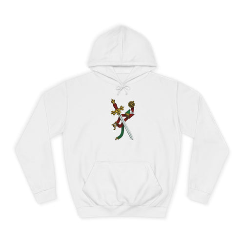 College Crest Sword Hoodie — Vintage Floral Academic Emblem