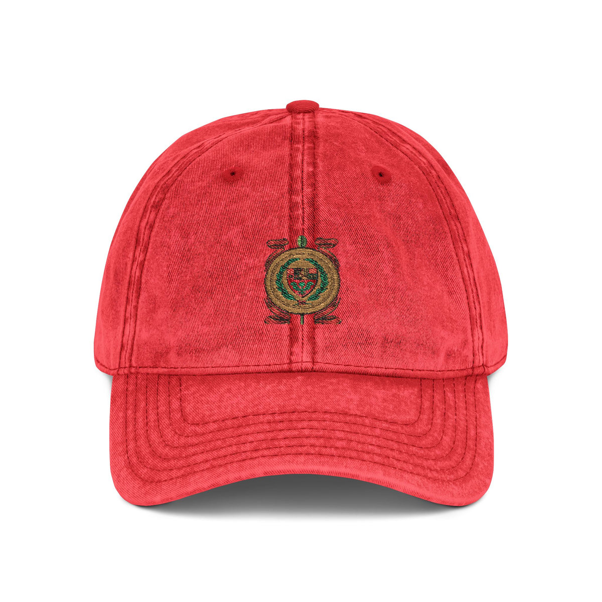 Embroidered Vintage Crest Baseball Cap — Washed Red Retro Hat