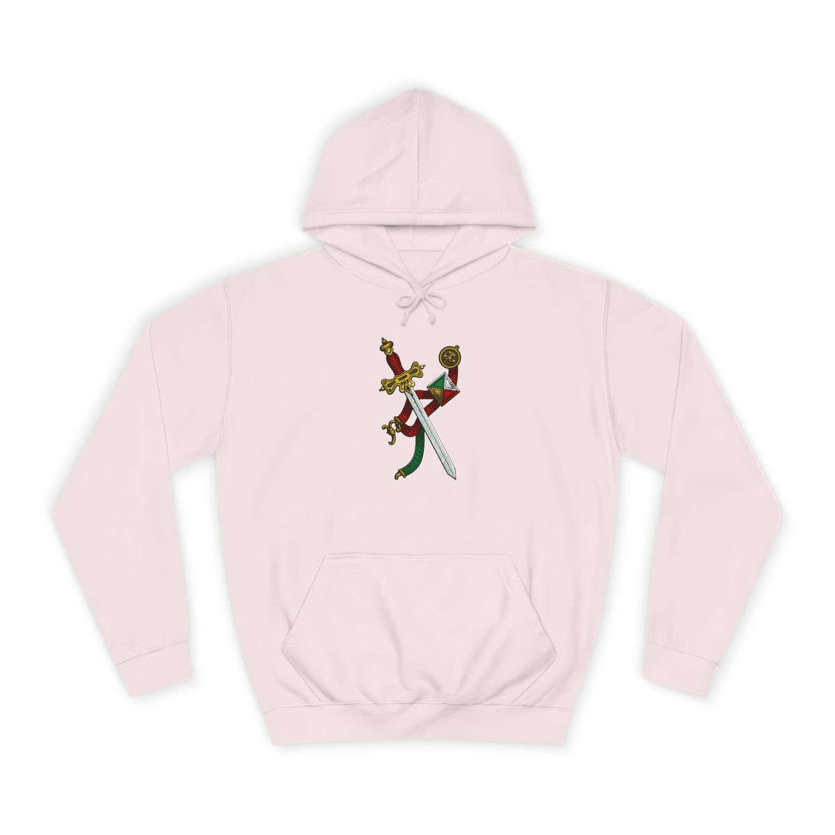 College Crest Sword Hoodie — Vintage Floral Academic Emblem